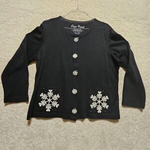 Onque Casuals Cotton Women's XL Black Cardigan Snowflakes Novelty Vintage Sequin